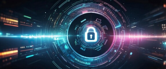 Futuristic digital interface with a central lock icon representing cybersecurity, protection, and data privacy in a high tech, networked environment