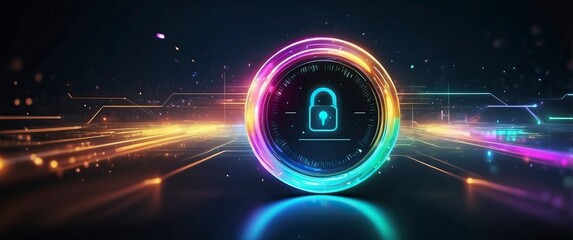 Glowing digital lock symbolizing cybersecurity and encryption in a colorful, futuristic design  Ideal for concepts of data protection and network safety