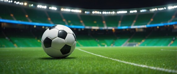 Soccer ball on a pristine field in an illuminated stadium, perfect for depicting sports events, competition, or an evening football match