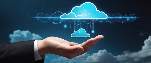 A business hand presenting a futuristic cloud computing concept, symbolizing technology, data storage, and digital innovation in a clear blue sky