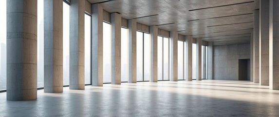 Empty modern concrete room with large windows and columns, perfect for business offices or event spaces, accentuating minimalistic design and natural light