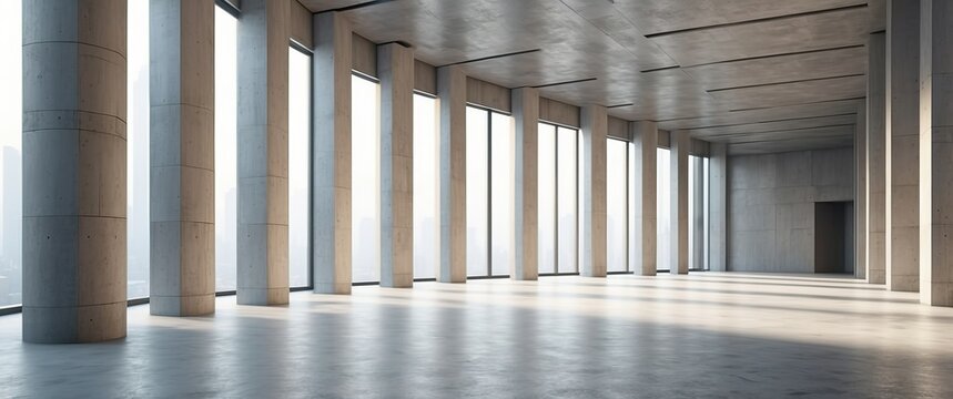Empty modern concrete room with large windows and columns, perfect for business offices or event spaces, accentuating minimalistic design and natural light