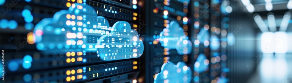 Poster server room with cloud computing symbols, representing data storage, security, and technology in a f