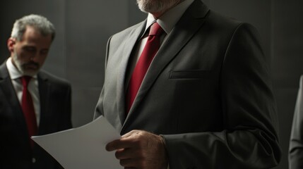 Close-up of a businessman reviewing a business plan with colleagues, wearing a black suit and red tie, standing in front of a grey background, Portrait half-body, hyper-realistic, high detail,