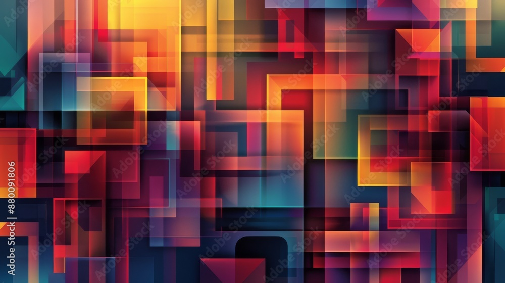 Poster vibrant, multicolored geometric shapes forming an intricate pattern against a gradient background. g