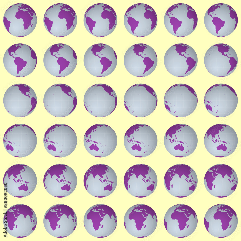 Poster collection of globes. normal sphere view. rotation step 10 degrees. solid color style. world map wit