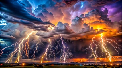 Spectacular lightning bolts illuminate the night sky during a powerful summer thunderstorm