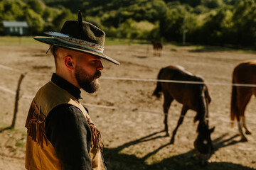 Side view of a young horse breeder standing near horses on pasture.