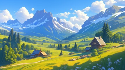 Fototapeta premium Picturesque Alpine Village: Houses on Green Meadows with Mountain Peaks