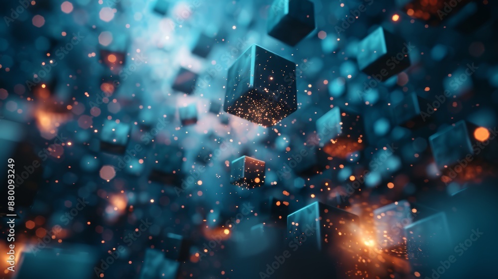 Poster abstract 3d cubes floating in space, creating a futuristic and dynamic visual effect. generative ai