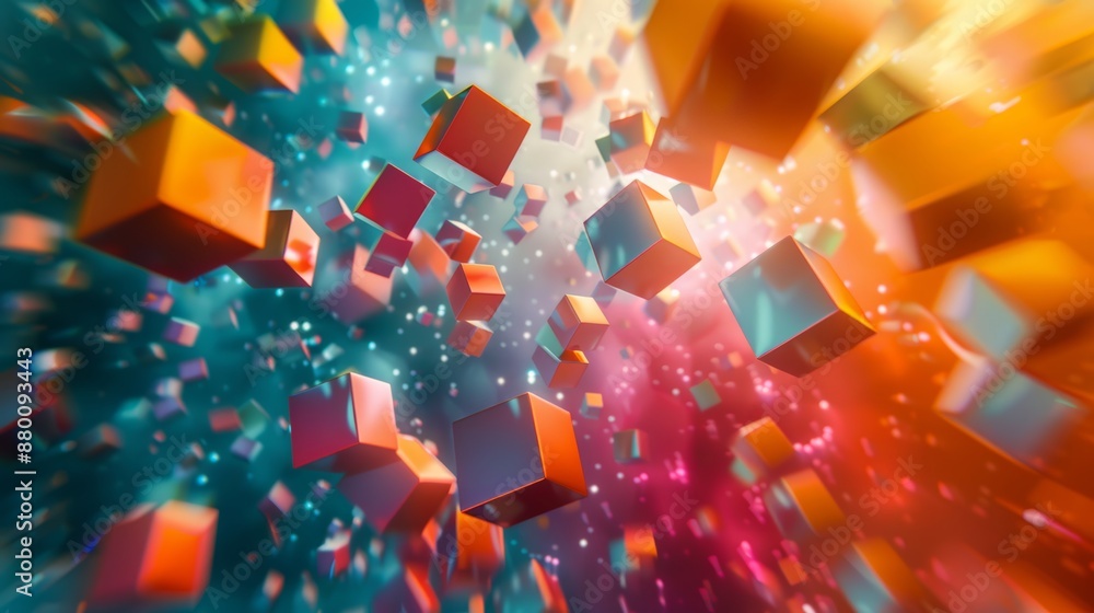 Poster abstract 3d cubes floating in space, creating a futuristic and dynamic visual effect. generative ai