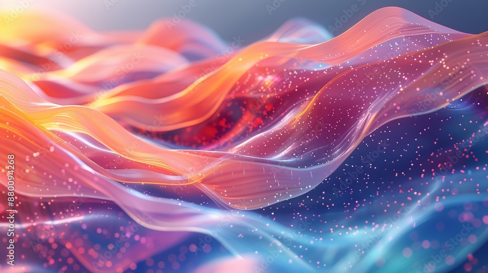 Poster wavy, ribbon like structures flowing gracefully across the scene, creating a sense of movement gener