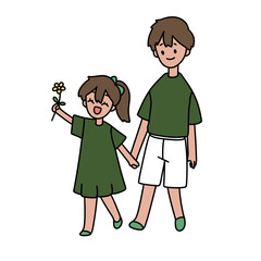 A young boy and girl are holding hands while the girl is holding a flower