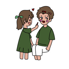 Fototapeta premium A cartoon of a boy and girl with a green shirt and a green dress