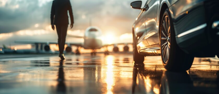 A luxury car providing exclusive airport transfer service, parked near a private jet at sunset, with the driver walking towards the plane