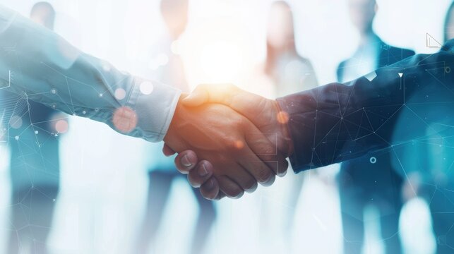 Business leaders forming strategic partnerships with a handshake, symbolizing collaboration and mutual success with a digital network overlay in the background.

