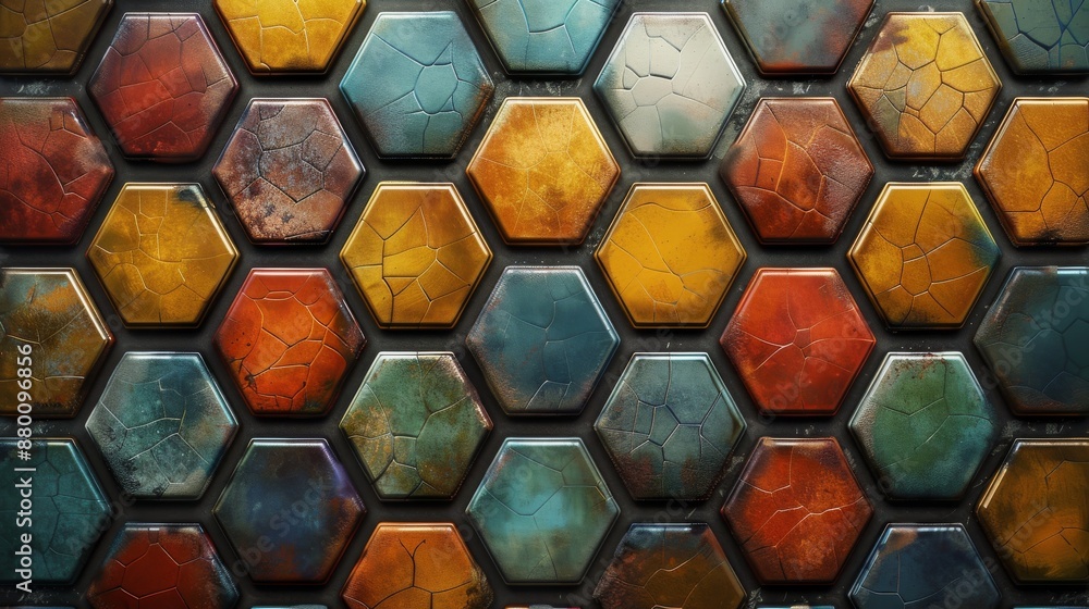 Poster hexagonal tiles arranged in a honeycomb pattern, each tile exhibiting unique colors and textures. ge