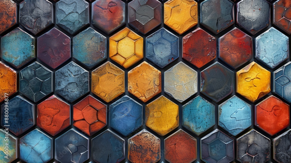 Poster hexagonal tiles arranged in a honeycomb pattern, each tile exhibiting unique colors and textures. ge
