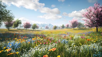 Obraz premium Enchanting Digital Meadow with Seasonally Transforming Flowers in a Serene Landscape
