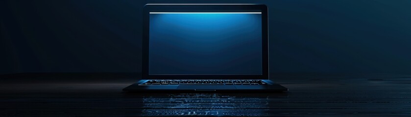 A sleek modern laptop with a glowing blue screen on a dark wooden desk, captured in a low light setting, creating a moody and professional atmosphere.
