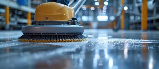 Close-up of an industrial floor cleaning machine operating in a modern factory, showcasing the cleanliness and efficiency of the equipment.