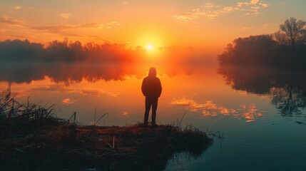 Obraz premium A peaceful sunrise over a misty lake with a silhouetted person standing on the shoreline, surrounded by tranquil nature.