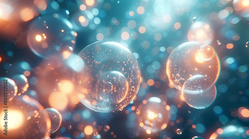 Poster floating orbs of varying sizes, illuminated from within, creating a dreamy and ethereal atmosphere g