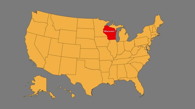 Wisconsin map animated video. Map Highlighted on the USA map with animation and colour with Gray background in video format.	
