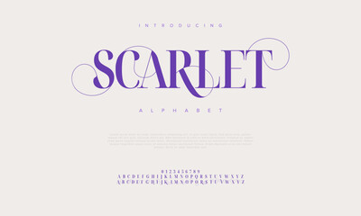 Scarlet premium luxury elegant alphabet letters and numbers. Vintage wedding typography classic serif font decorative vintage retro. creative vector illustration