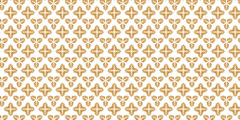 Golden vector floral seamless pattern. Abstract luxury geometric ornamental texture with small flower silhouettes. Gold and white simple ornament in oriental style. Vector illustrator.	
