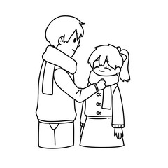 A man is helping a girl put on a scarf