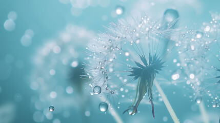 Water drops on parachutes dandelion against a beautiful blue background, captured in a soft, dreamy, and tender artistic style