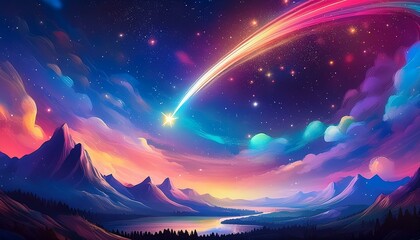 Illustration of a shooting star in space in the style of fauvism, neon lights, vibrant colors, soft shadows, cinematic lighting, sharp focus, high resolution, high quality, high details, rendered with