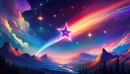 Illustration of a shooting star in space in the style of fauvism, neon lights, vibrant colors, soft shadows, cinematic lighting, sharp focus, high resolution, high quality, high details, rendered with