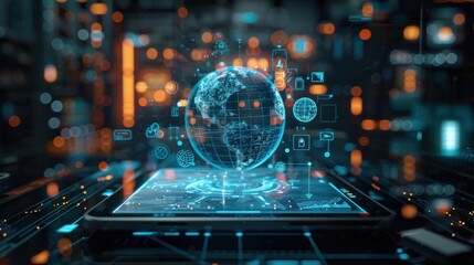 Futuristic Technology Concept with Tablet Projecting Holographic Globe and Business Icons in Professional Office Setting