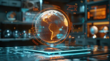 Futuristic Global Business Technology Concept with Holographic Globe and Icons in Office Setting