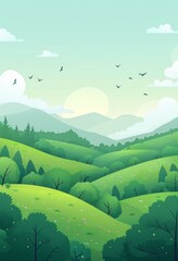 Obraz premium 緑の山 漫画スタイル ミニマリストフラットベクター背景