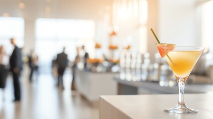 Elegant cocktail served at a brightly lit social event with people mingling in the background, creating a chic atmosphere.