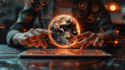 Global Connectivity - Person using tablet with glowing globe and technology icons for digital work and communication.