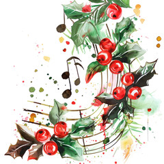 Holiday music watercolor illustration isolated on transparent. Christmas png file for art work.
