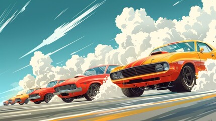 Obraz premium Drag racers lined up at the start line, with engines revving and smoke from the tires. Cartoon illustrations vectors Generative AI
