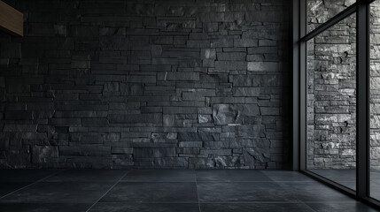 The corner of an empty natural black stone wall in the rest room of an aesthetic minimalist house for placing plain wall paintings. ai generated images