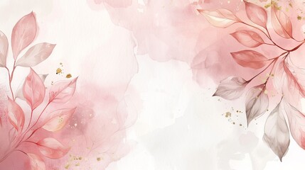 Elegant Watercolor Banner: Soft Pastel Background with Blush Pink Leaves and Gold Accents, Ideal for Nature-Inspired Art Websites