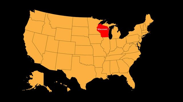 Wisconsin map animated video. Map Highlighted on the USA map colour with a transparent png background in video format.