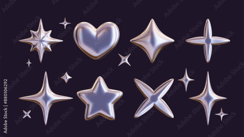 Wall mural set of 3d shapes in chrome, including a silver liquid star and a glossy heart sticker in a futuristi