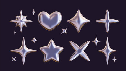 Set of 3D shapes in chrome, including a silver liquid star and a glossy heart sticker in a futuristic metal style. 3D chrome art at its finest.