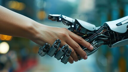 Close-up of a human hand shaking hands with a robotic hand, representing the partnership between humans and technology in a futuristic environment.