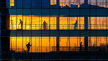 Silhouettes of Construction Workers at Sunset