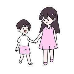 A young girl is holding a young boy's hand