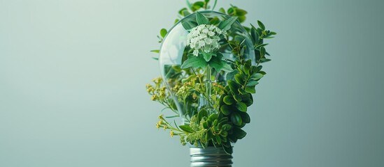 Light bulb filled with various green plants and flowers, symbolizing eco-friendly and sustainable energy concepts.